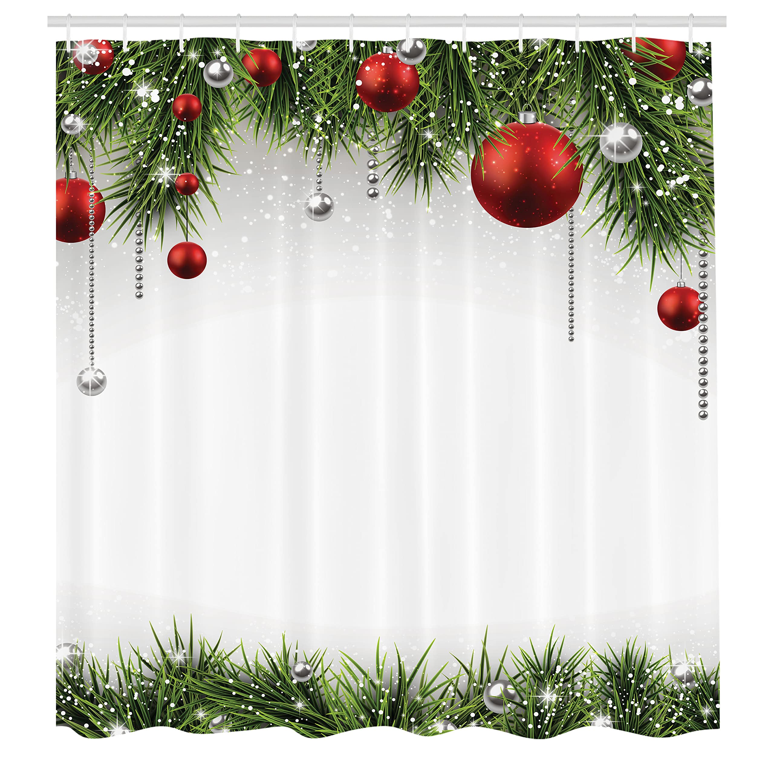 Ambesonne Christmas Shower Curtain, Classical Christmas Ornaments And Baubles Coniferous Pine Tree Twig Tinsel Print, Cloth Fabr